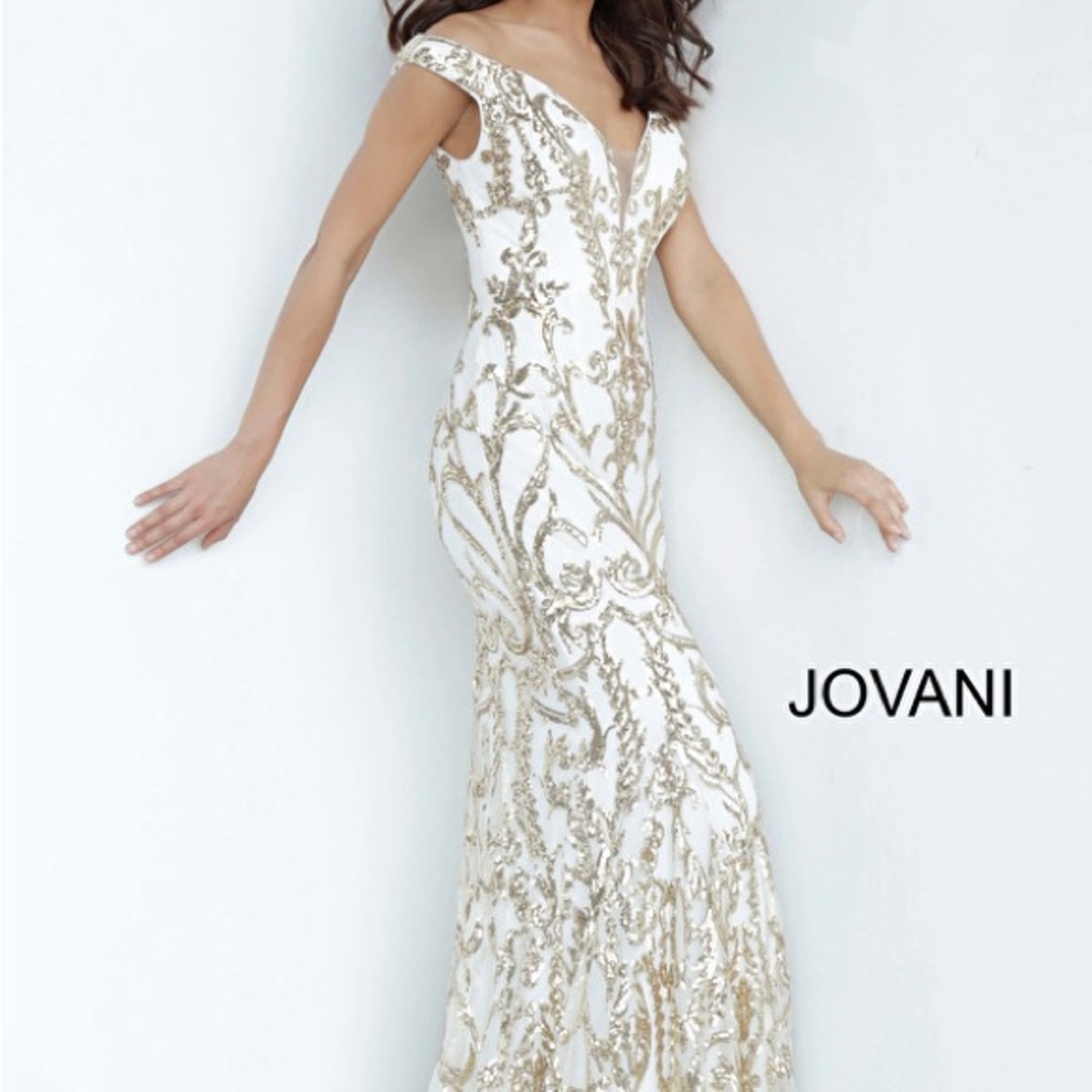 NWT, unworn, unaltered size 12 Jovani gown style 63349 Ivory with Gold sequins.